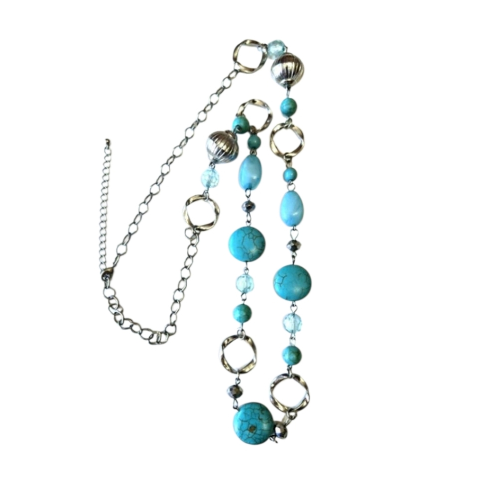 Silver tone Necklace with blue and turquoise stone beads